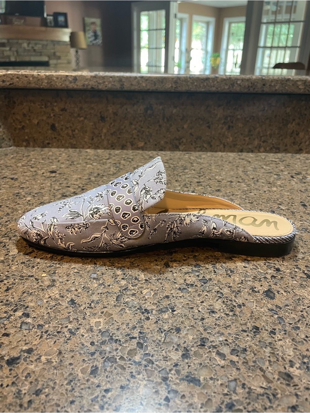 Whimsical Sam Edelman Perri Mule Sz 8 Slip On Dusty Blue Floral Backless Flat - Picture 4 of 11